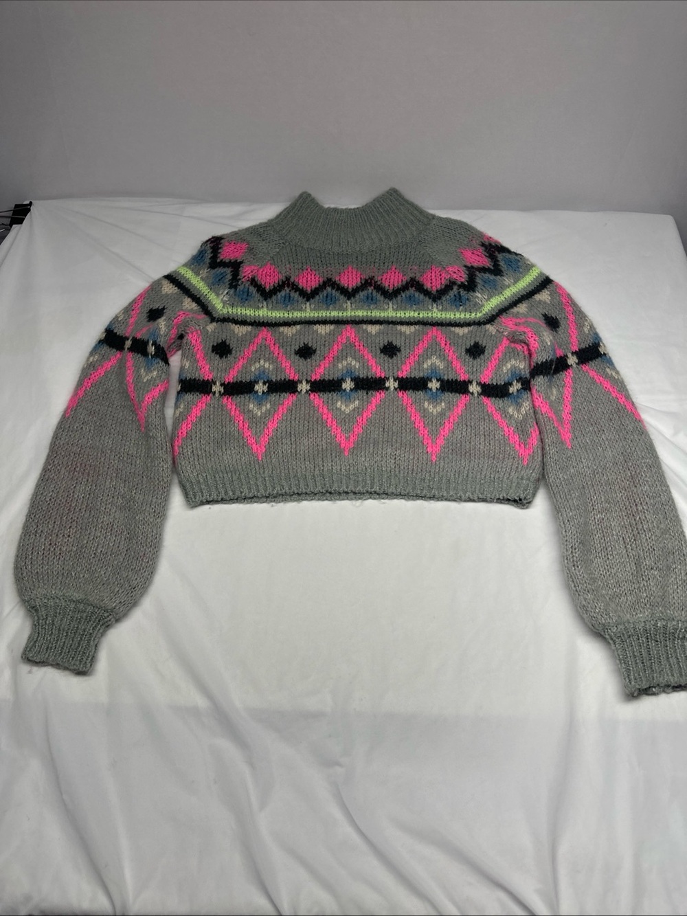 Hollister Grey Cropped Fair Isle Turtleneck Sweater with Pink & Lime Accents